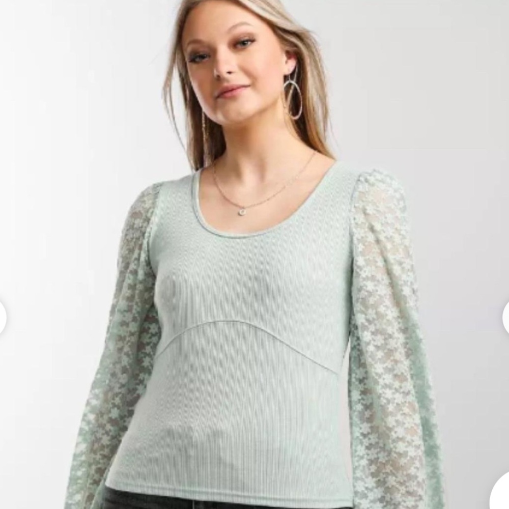 Willow Root Harbor Grey Ribbed Lace Up Back Floral Lace Sleeve Top XL‎ 306TLK